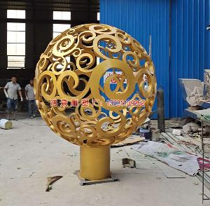 金色花邊球雕塑，不銹鋼鏤空球運輸安裝